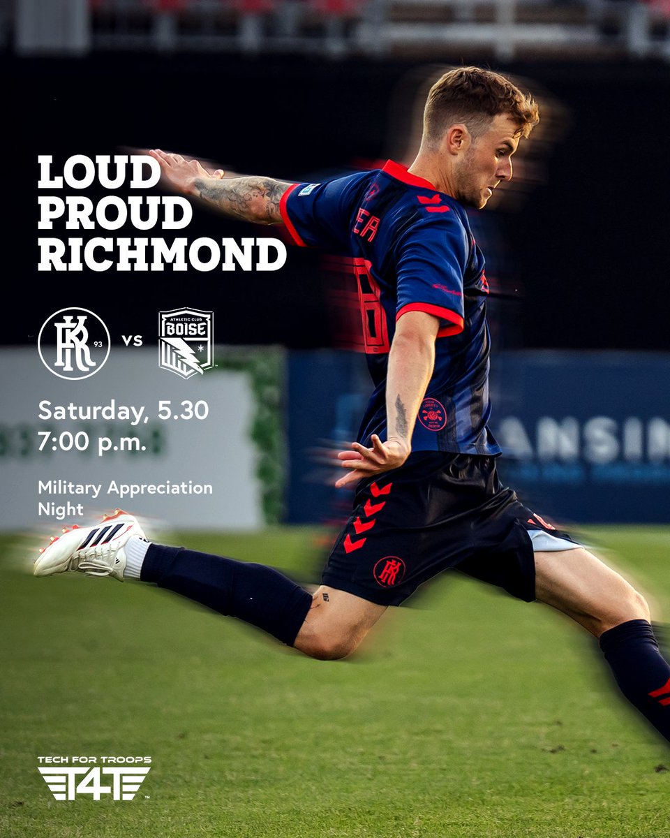 RichmondKickers's tweet photo. The summer of stars, stripes and soccer continues...⚽️

The boys are 🔙 for Military Appreciation Night this Saturday at City

🎟️ https://t.co/2dXju9KHeg | #UpTheRoos https://t.co/8Ak1ceUz23
