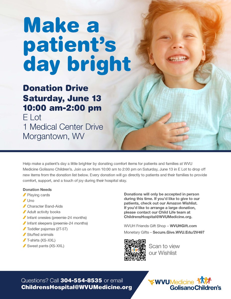 WVUKids's tweet photo. 🧸💙 Help brighten a patient’s day at our Summer Toy Drive!

Donate NEW toys, comfort items, pajamas, books &amp; more on June 13 from 10 a.m. – 2 p.m. in E Lot at WVU Medicine Golisano Children’s. Can’t attend? 

Shop our wishlist:
🛒 https://t.co/cFbtFBCOAS

#WVUKids https://t.co/39gbgcSkkh