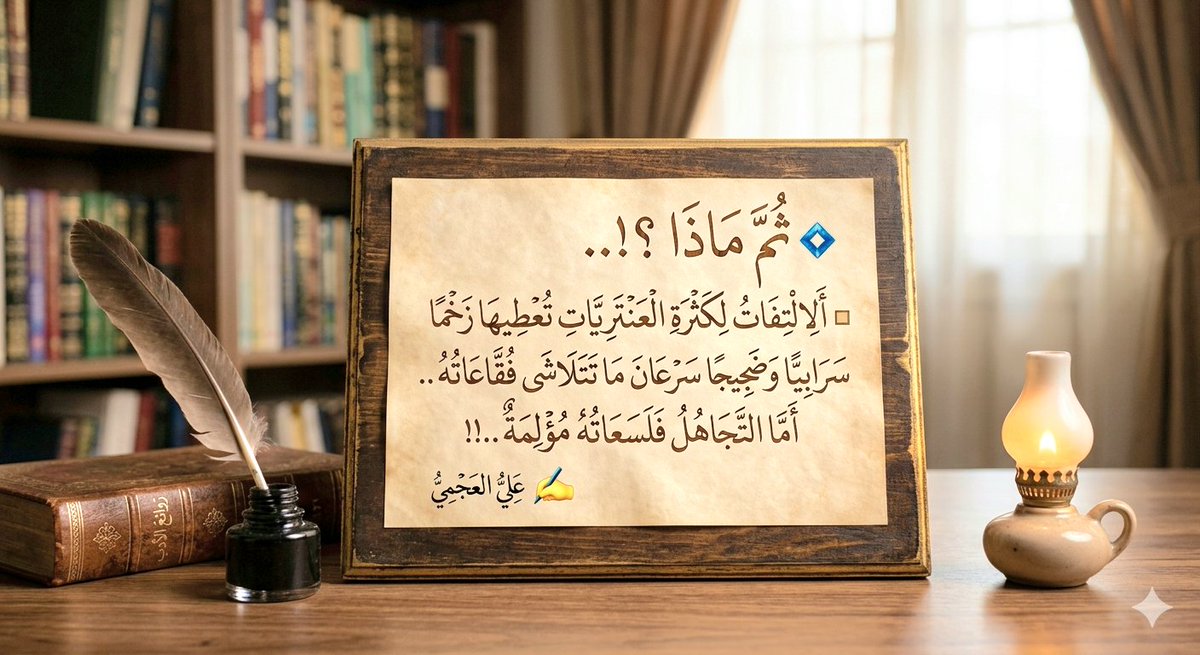 ali_pulses's tweet photo. ━❀❃❀━
💠 ثُمَّ مَاذَا ؟!..
▫️الالتِفَاتُ لِكَثْرَةِ العَنتَرِيَّاتِ تُعطِيهَا زَخمًا سَرَابِيًّا وَضَجِيجًا سَرعَانَ مَا تَتَلاشَى فُقَّاعَاتُهُ .. أَمَّا التَّجَاهُلُ فَلَسَعَاتُهُ مُؤلِمَةٌ ..!!
━❀❃❀━
#نبض_علي https://t.co/7hMumS5h1X