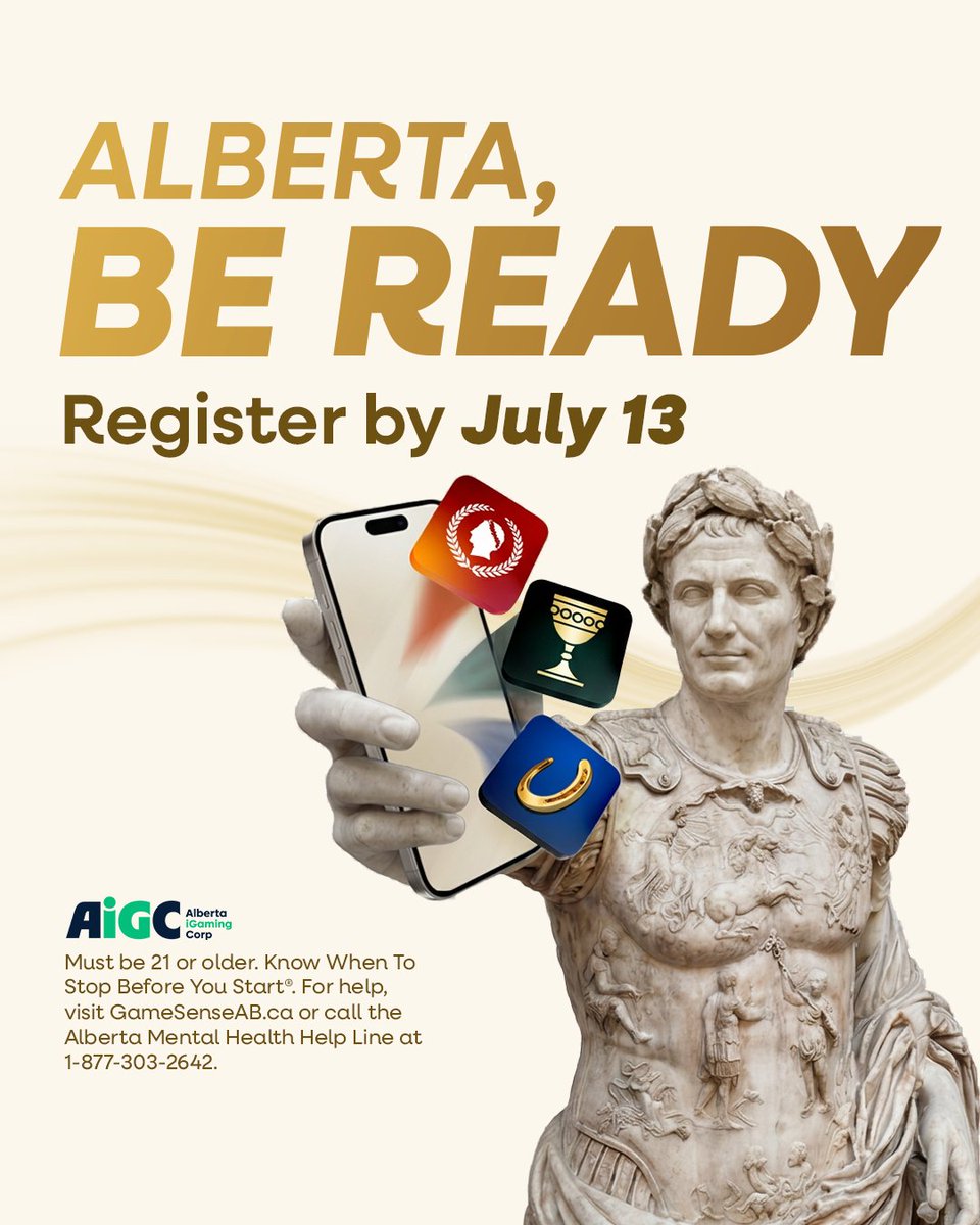 CaesarsEnt's tweet photo. Alberta, be ready! 

Alberta residents 21+ can now download and register for Caesars Palace Online Casino, Caesars Sportsbook & Casino, and Horseshoe Online Casino.

Bet on your favourite sports, explore hundreds of slots, jump into live dealer action or take a seat at classic table games like blackjack, roulette, and baccarat.

For more information and registration details: https://t.co/AYK2g59h86

Must be 21 or older. Know When To Stop Before You Start®. For help, visit https://t.co/wvBQo2q3VD or call the Alberta Mental Health Help Line at 1‑877‑303‑2642.