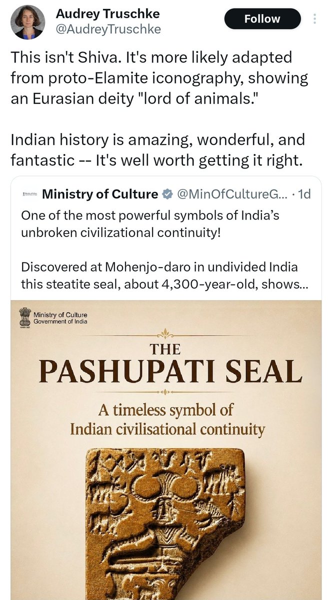 Jijith_NR's tweet photo. Six animals surrounds the Pashupati seal!🔥

Elephant (on the right)
Tiger (on the right)
Rhinoceros (on the left)
Water Buffalo (on the left)
Two deer (or antelopes), depicted looking backward so their horns nearly meet in the center below the throne!

All animals found in Indian geography!🔥

Yet Audrey Truschke tried to argue that a deity surrounded these Indian animals is Iranian - Elamite.

If it is Indo European, then she just conceded that Indo European languages and PIE originated in Sarasvati Sindhu Region.🔥🙂
