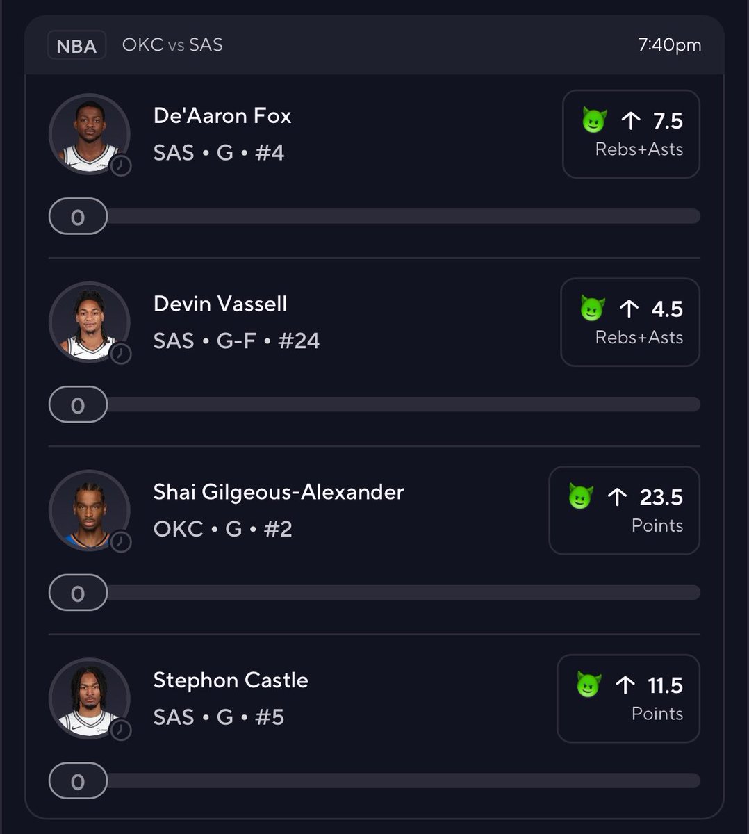 mr_double01's tweet photo. 🏀 2.1x sweat I'm running for tonight!

De'Aaron Fox 7.5 RA 
Devin Vassell 4.5 RA 
SGA 23.5 pts 
Stephon Castle 11.5 pts 

https://t.co/xW6g6FCVLv…

#GamblingX #PrizePicks #nba https://t.co/IXIJ34kSO2