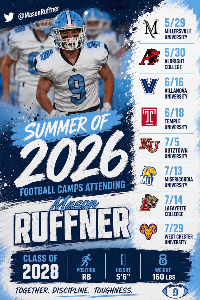 MasonRuffner's tweet photo. Can't wait to meet and work with some great coaches! #trainwithapurpose #hardwork   

@MillersvilleFB 
@Albright_FBall 
@NovaFootball 
@Temple_FB 
@KUBearsFootball 
@MUCougarsFB 
@LafColFootball 
@WCUGoldenRamsFB https://t.co/zlEvX46oed