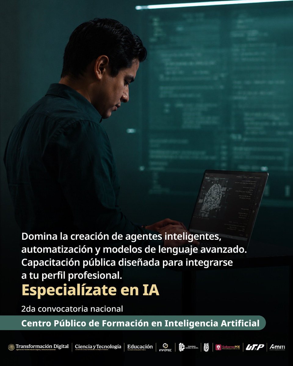 AgenciaGobMX's tweet photo. Especialízate y certifícate en IA, una de las áreas con mayor crecimiento y demanda laboral, en el Centro Público de Formación en Inteligencia Artificial.

Aprenderás a desarrollar agentes autónomos capaces de ejecutar tareas complejas con datos reales 🤖⚙️💻

✅ 100% en línea
✅ Clases de inglés adicionales 
✅ Completamente gratuito

Consulta la información sobre los cursos en la página oficial 🔗 https://t.co/SrPuE9729i

📅  ¡Regístrate hoy mismo! Tienes hasta el 5 de julio para postularte.