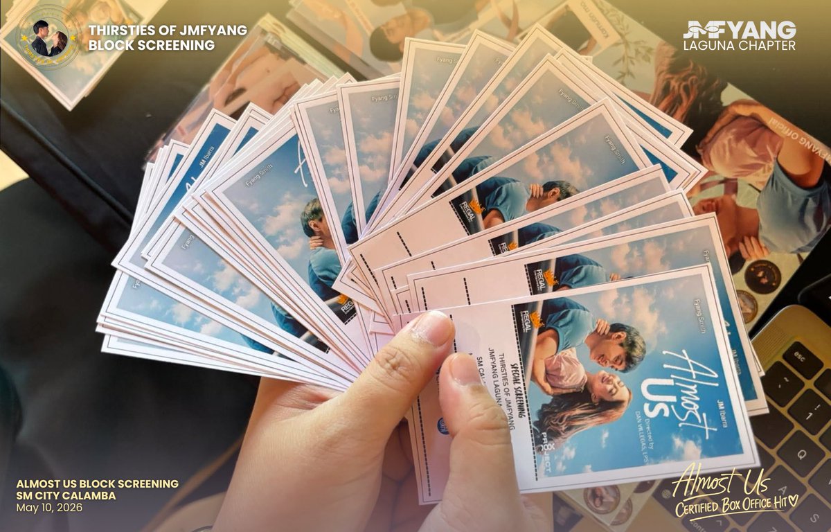 ChapterLag61501's tweet photo. Thank you, @THIRsTIESofJMF for choosing Laguna as the venue for your “Almost Us” block screening. 💛

We can still hear the laughter, the kilig reactions, the “awww” moments, and even the tears shared by the 150 Besties who joined the special screening. Every reaction inside the cinema made the experience even more unforgettable and meaningful for all of us. ✨

Seeing everyone come together to support Almost Us created such a warm and memorable atmosphere that we will truly cherish for a long time. 💛

We also thank @jmfyangchibis for the thoughtful stickers given during the event. The mothers were truly touched and delighted to receive such a sweet Mother’s Day gift from you. 🫶💛

#JMFyang
#AlmostUs 

@imsofiasmith @jmdibarra_ 
@RegalFilms