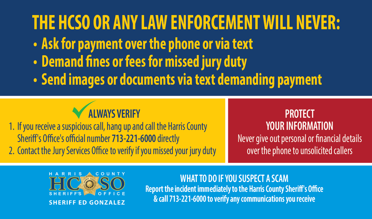 HCSOTexas's tweet photo. ⚠️ SCAM ALERT ⚠️

Scammers are impersonating HCSO deputies and demanding money for fake warrants.

If you receive a call like this:
❌ Do not pay
❌ Do not share personal info
📞 Hang up and call 713-221-6000

Please share to help protect others. https://t.co/GZCsczwXj4