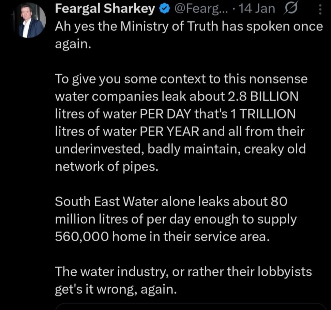 EdSmith75's tweet photo. @SkyNews @olivermiocic I wonder Sky News if @sewateruk will tell you how many litres a day they are losing through leaks? Is it still 80million as quoted by @Feargal_Sharkey https://t.co/NAWRBaflH7