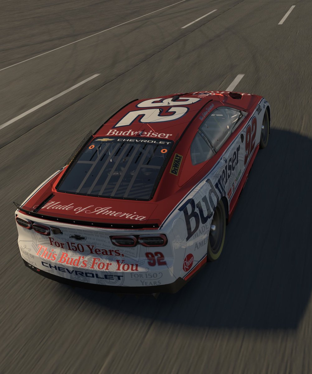 ethan_dimitroff's tweet photo. My latest @iRacing paint scheme. I wanted to create a 150th anniversary @budweiserusa car. Tried giving the red paint a metallic finish to match the Bud cans. https://t.co/DatsmZUcZ5