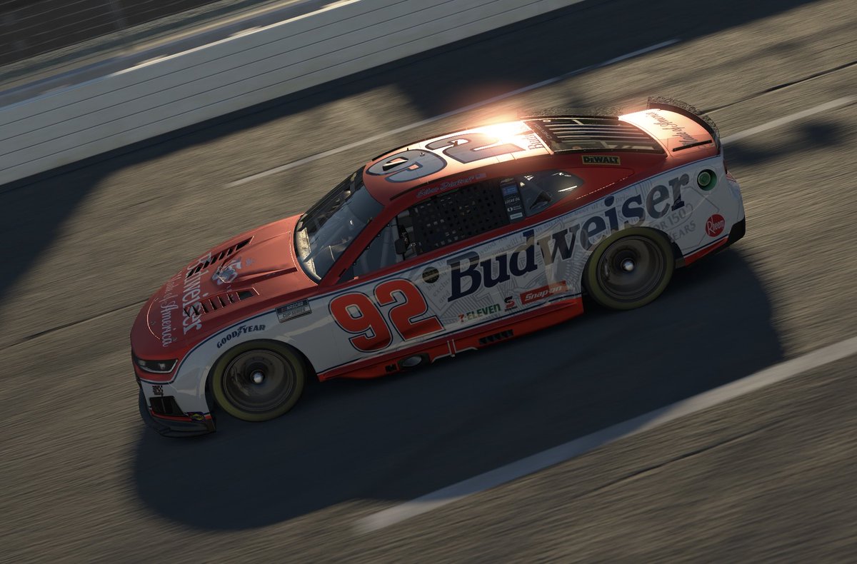 ethan_dimitroff's tweet photo. My latest @iRacing paint scheme. I wanted to create a 150th anniversary @budweiserusa car. Tried giving the red paint a metallic finish to match the Bud cans. https://t.co/DatsmZUcZ5