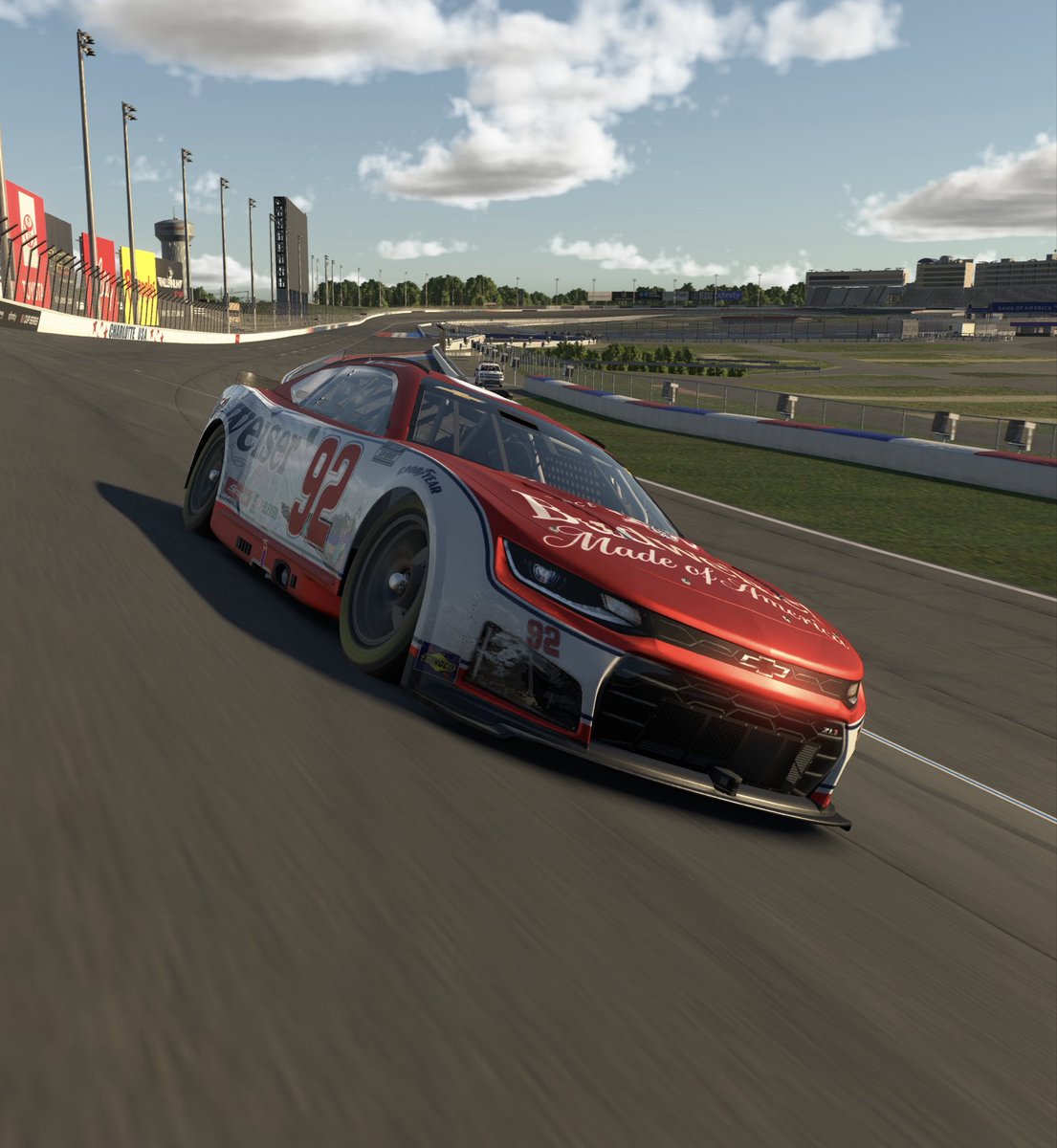 ethan_dimitroff's tweet photo. My latest @iRacing paint scheme. I wanted to create a 150th anniversary @budweiserusa car. Tried giving the red paint a metallic finish to match the Bud cans. https://t.co/DatsmZUcZ5