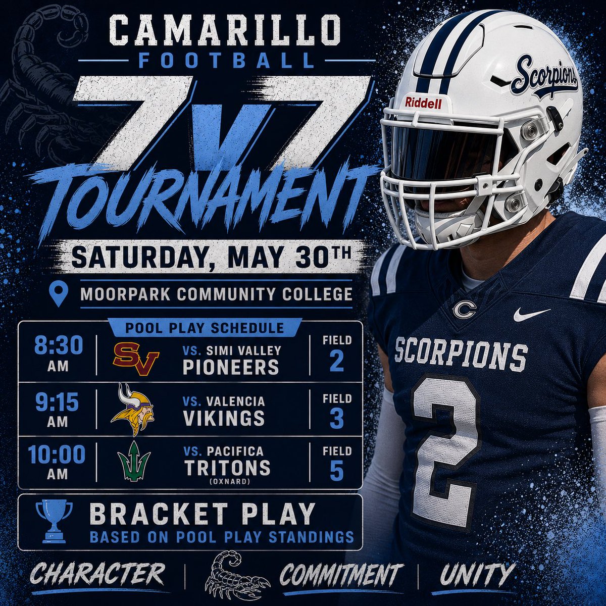 ACHS_Scorps_FB's tweet photo. Varsity will be competing in the Moorpark College 7v7 &amp; Hogs Challenge this Saturday (5/30)! 

#GoScorps #Character #Commitment #Unity https://t.co/dB7FlzalMU