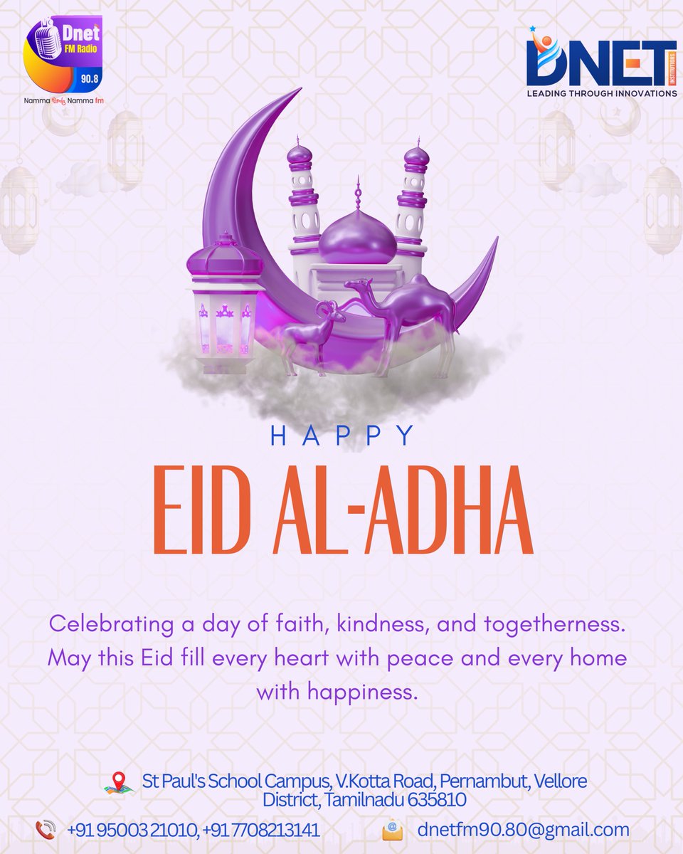 DnetFm's tweet photo. Celebrating a festival of faith, kindness, and togetherness. 🌙
May this Eid fill every heart with peace and every home with happiness.
Stay connected. Stay blessed.

#DNETFM #EidMubarak #BakridGreetings #VoiceOfTheCommunity #Togetherness #DNETInstitutions https://t.co/CN8H6CEpkj