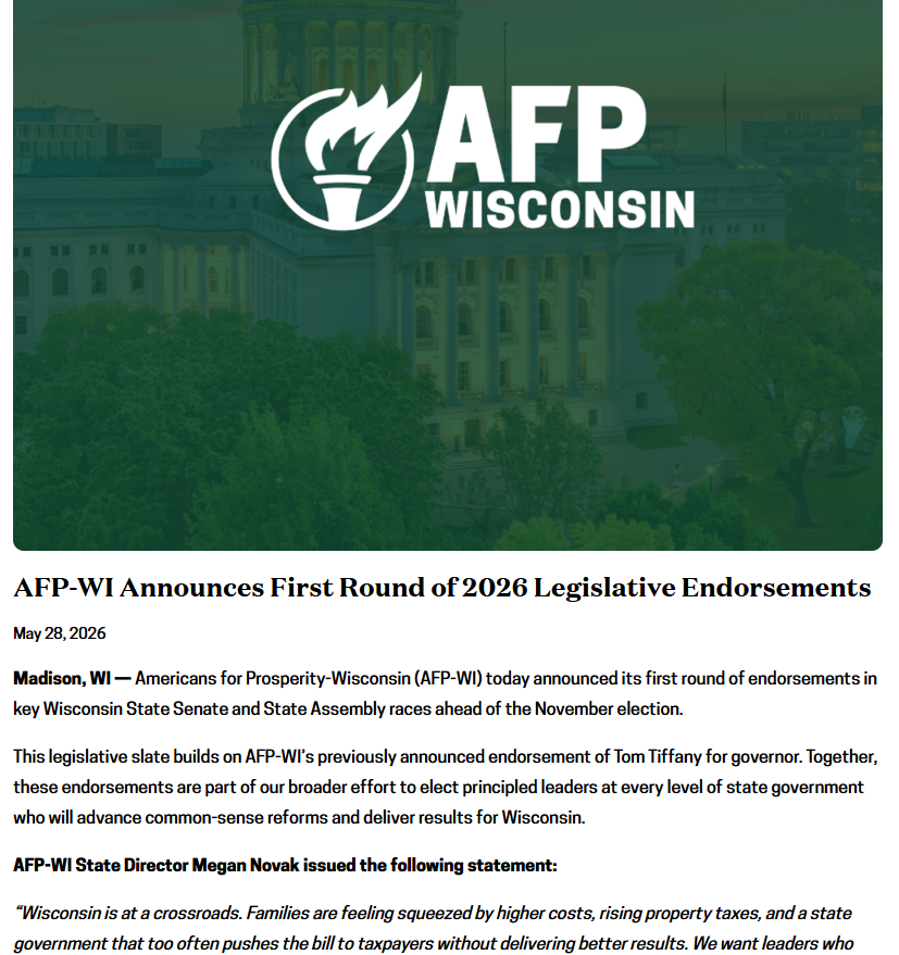 AFPWI's tweet photo. 🚨 BREAKING 🚨

Our first round of 2026 Legislative endorsements have dropped:

Wisconsin State Senate

Mike Roberts (SD-5)
Ellen Schutt (SD-11)
Howard Marklein (SD-17)
Michele Skinner (SD-31)

Wisconsin State Assembly

Shannon Zimmerman (AD-30)
Bob Donovan (AD-61)
Ben Franklin (AD-88)
Clint Moses (AD-92)