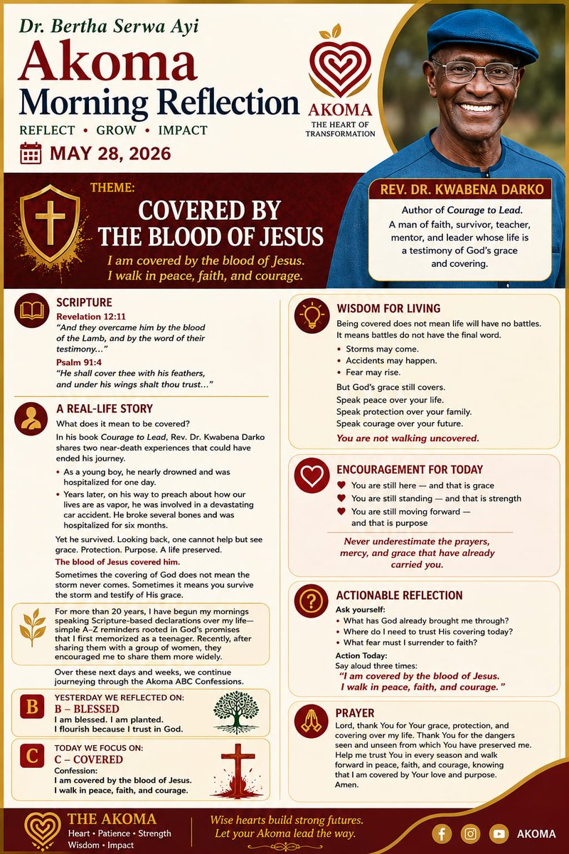 adwoaserwa's tweet photo. 🩸 Sometimes the testimony is simply:

“The blood of Jesus covered me.”

You survived what should have broken you.

“I am covered by the blood of Jesus. I walk in peace, faith, and courage.” ✨

📖 Rev. 12:11 | Ps. 91:4
Follow: https://t.co/9feCUWm7wV
#AkomaMorningReflection https://t.co/z85tnlmNjh