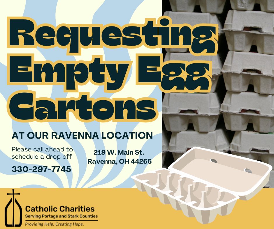 CCDOY's tweet photo. Got empty egg cartons? Put them to good use! 

Catholic Charities Serving Portage and Stark Counties is accepting donations at our Ravenna location. Help us create hope and reduce waste by scheduling a drop-off today. 

📞 330-297-7745 https://t.co/2lhbEabTXl