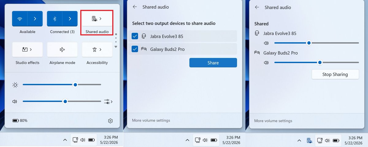 WindowsLatest's tweet photo. Windows 11 is finally getting one of the best Apple-style audio features.

Microsoft told Windows Latest that Shared Audio is rolling out with KB5089573, allowing two Bluetooth headphones, earbuds, or hearing devices to listen to the same PC at once.

I tested the new Quick Settings flow, and it’s simple: click Shared audio, pick two supported Bluetooth devices, and Windows starts broadcasting audio to both.

You can even control the volume separately for each headset.

This is powered by Bluetooth LE Audio, but there’s a catch.

Your PC needs LE Audio support, and it must also support “audio broadcast.” Right now, 

This is a small feature, but it fixes a very real Windows limitation.

Two people can finally listen from one PC without hacks.