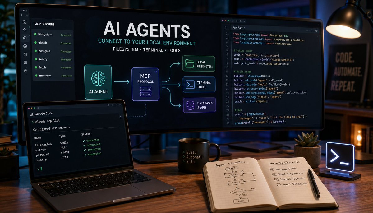 NeuralCoreTech's tweet photo. AI agents are evolving from assistants into operators.

This 2026 guide shows how to enable AI agent filesystem access and secure terminal tool execution using:

• MCP servers
• Claude Code
• LangGraph
• Local filesystem sandboxing
• Human approval checkpoints https://t.co/map3YoV3Jg