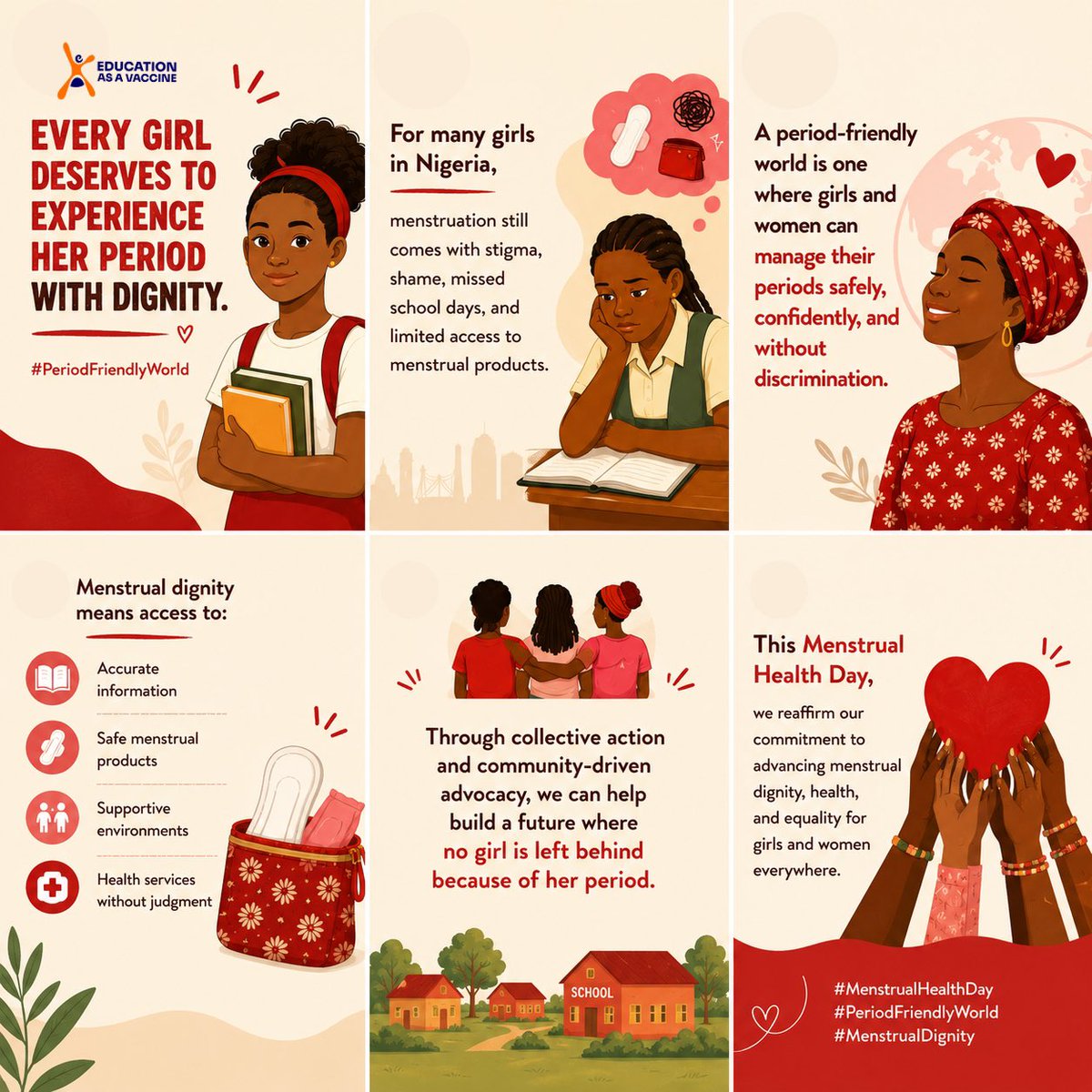 EVA_Nigeria's tweet photo. This #MenstrualHealthDay, we join the call for a more #PeriodFriendlyWorld , where every girl and woman can manage menstruation safely, confidently, and with dignity.
Because menstrual health is a rights issue, not a luxury.
#MenstrualDignity https://t.co/G9i7lcrZ9G