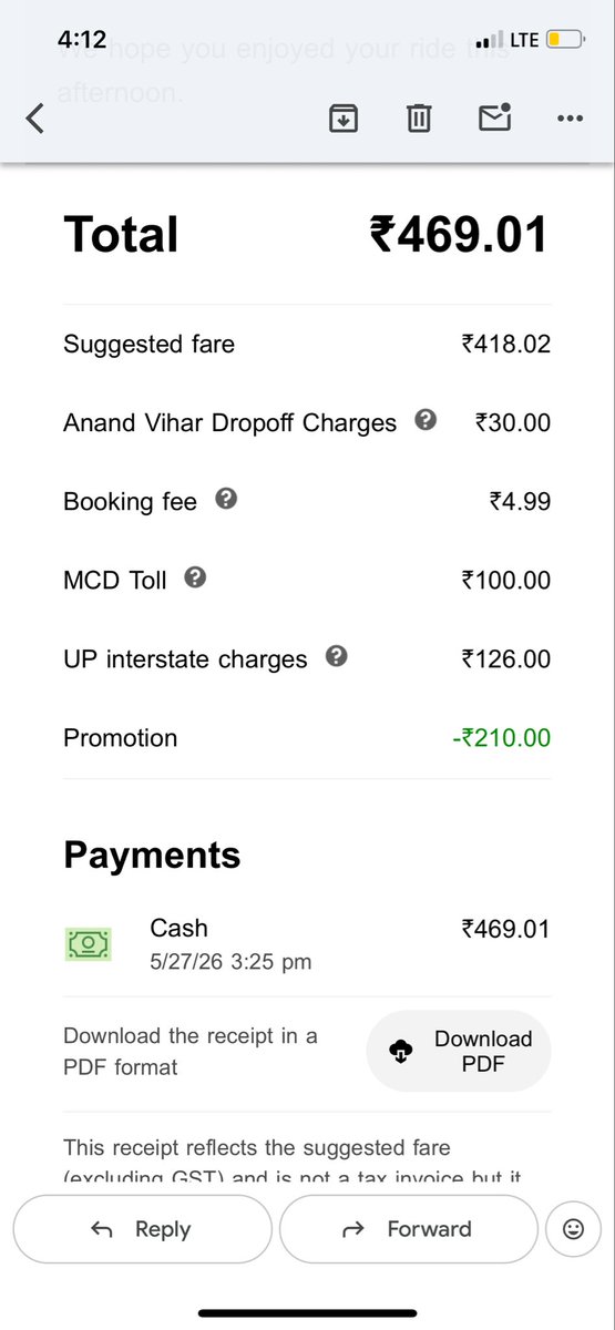 AshkJaish's tweet photo. Blunder by @Uber_India @UberSupport! Took a ride within Delhi. 
Still, they charged ₹100 MCD Toll &amp; ₹126 UP Interstate Charges. Anand Vihar is in Delhi, NOT UP! Cab never crossed border. Why this extra tax? Fix this, full refund &amp; compensate.

@jagograhakjago @jaagograhakjago https://t.co/a3AQx7Q7jt