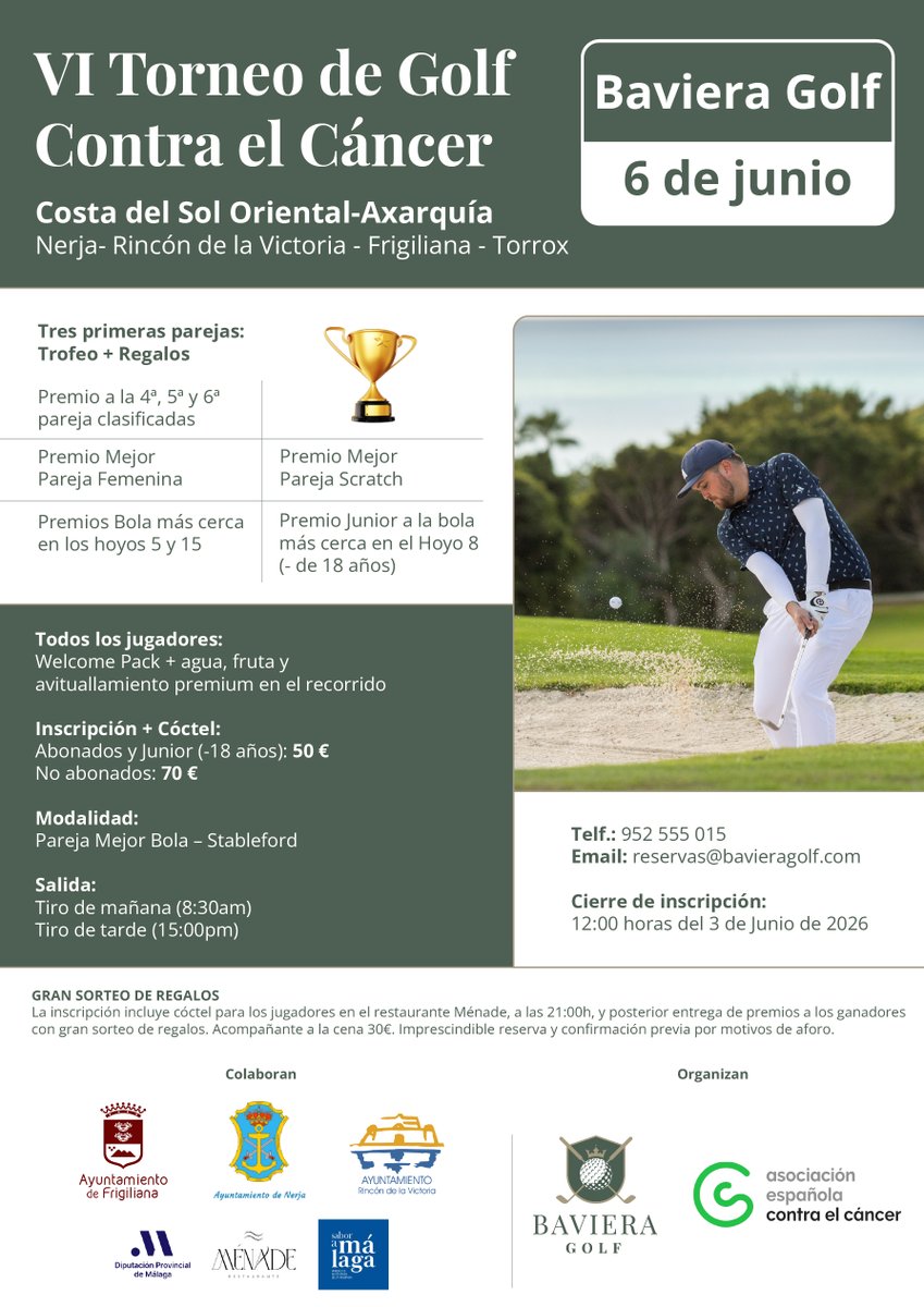 ContraCancerMA's tweet photo. Queremos llegar a 200 jugadores y estamos muy cerca ¿Nos ayudas?
Solo faltas tu en el mejor Torneo Benéfico de Golf de la Costa del Sol Oriental, que se disputa el 6 de junio en @bavieragolf a beneficio de @ContraCancerEs ¡Apúntate!
👉 https://t.co/RrA2N6kGvN #TodosContraElCáncer https://t.co/SqxCg0XGOK