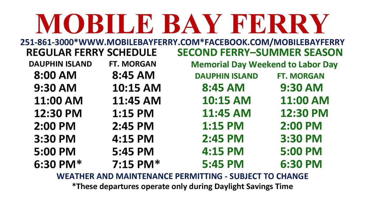 mobilebayferry's tweet photo. Thursday 5/28- We are open and running on a TWO ferry schedule. RVs/trailers must be under 28ft on every other trip beginning with 8:00 from DI and 8:45 from FM. Tickets are available at either ferry landing. No walk ons at this time. Follow us on Facebook for updates! https://t.co/xcoyQqbxVs