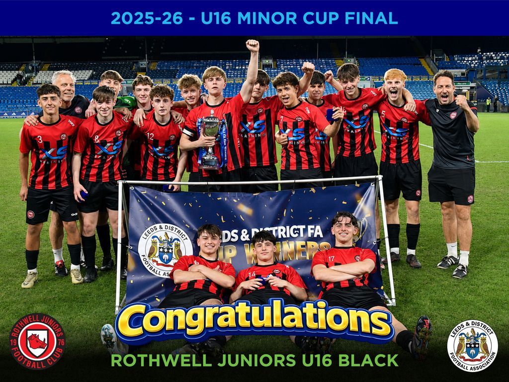 LeedsFA's tweet photo. 🏆 𝗨𝟭𝟲 𝗠𝗶𝗻𝗼𝗿 𝗖𝘂𝗽 𝗙𝗶𝗻𝗮𝗹 – 𝗪𝗜𝗡𝗡𝗘𝗥𝗦 🏆
Congratulations to 𝗥𝗼𝘁𝗵𝘄𝗲𝗹𝗹 𝗝𝘂𝗻𝗶𝗼𝗿𝘀 𝗨𝟭𝟲 𝗕𝗹𝗮𝗰𝗸 on winning the Leeds & District FA 𝗨𝟭𝟲 𝗠𝗶𝗻𝗼𝗿 𝗖𝘂𝗽 𝗙𝗶𝗻𝗮𝗹 following victory at Leeds United FC, Elland Road on Tuesday evening.👏

🏁 𝗙𝘂𝗹𝗹 𝗧𝗶𝗺𝗲
⚽ 𝗥𝗼𝘁𝗵𝘄𝗲𝗹𝗹 𝗝𝘂𝗻𝗶𝗼𝗿𝘀 𝗨𝟭𝟲 𝗕𝗹𝗮𝗰𝗸  𝟳-𝟬  𝗦𝗵𝗮𝗱𝘄𝗲𝗹𝗹 𝗨𝗻𝗶𝘁𝗲𝗱 𝗨𝟭𝟲

𝗥𝗼𝘁𝗵𝘄𝗲𝗹𝗹 𝗝𝘂𝗻𝗶𝗼𝗿𝘀 𝗨𝟭𝟲 𝗕𝗹𝗮𝗰𝗸 produced an excellent performance to secure the trophy, showing quality throughout the final.
Credit also goes to 𝗦𝗵𝗮𝗱𝘄𝗲𝗹𝗹 𝗨𝗻𝗶𝘁𝗲𝗱 𝗨𝟭𝟲, who continued to compete throughout the fixture and played their part in the occasion.

👏 Well done to both teams on reaching the final and contributing to another excellent Leeds & District FA cup final.

🙏  Thank you, as always, to Leeds United F.C. for the use of their excellent venue and facilities, which continue to provide a memorable Premier League-style experience for players, coaches, match officials, volunteers, and supporters involved in our finals programme.

Photography Credit: 𝗦𝘁𝘂𝗱𝗶𝗼 𝟯𝟭 𝗣𝗵𝗼𝘁𝗼𝗴𝗿𝗮𝗽𝗵𝘆

🌐 View the photo gallery from the game: https://t.co/VpQOfnijUq 
🔐 To obtain the gallery password:
📞 Contact Chris on 07960 141134
📧 Email chris@studio31.org.uk

Thank you to Studio 31 Photography for capturing the occasion

#LDFA #GrassrootsFootball #LeedsFA #U16MinorCupFinal #FinalsDay #DistrictCup

@rothwelljnrs | @ShadwellUnited

@WestRidingFA | @GarforthJFL | @LUFC

@LCCSportDev | @GRFootball | @Teamgrassroots_ | @StickthatonYT | 
https://t.co/TYpbtptknM | @the_kwij