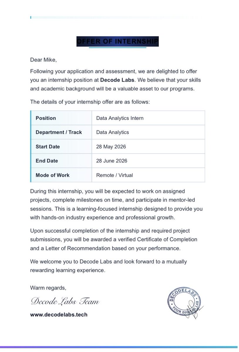 _Idmike's tweet photo. First ever internship bagged, all thanks to @ud_shalom for sharing with me decodlabs page on LinkedIn. Hoping to bag more internships and please if anyone knows a platform where one can assess this internship should pls drop link. https://t.co/GrPGgGpe84