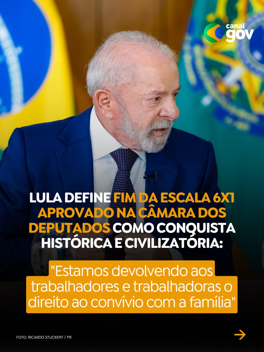 canalgov's tweet photo. FIM DA ESCALA 6X1 É CONQUISTA CIVILIZATÓRIA | O presidente @LulaOficial comemorou a aprovação do fim da escala 6x1 na Câmara dos Deputados. Lula classificou a aprovação como uma conquista histórica e civilizatória. https://t.co/e4lDtw3ggz