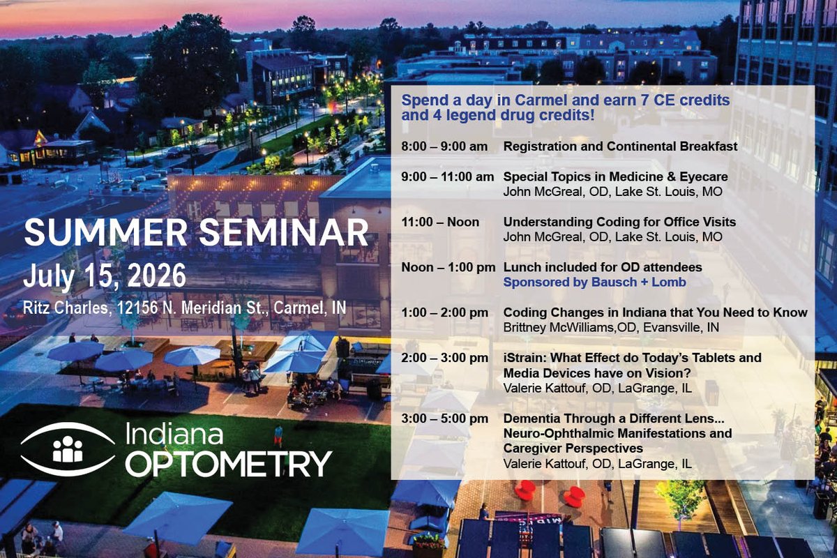 IndianaEyeDocs's tweet photo. The IOA's 2026 Summer Seminar will be held on Wed, July 15, at the Ritz Charles, 12156 N. Meridian St, Carmel, Ind. This optometric CE event offers 7 hours of in-person IOB credit (4 hours Legend Drug). Register now: https://t.co/tId9NO40lN https://t.co/iAF5l9ehq0