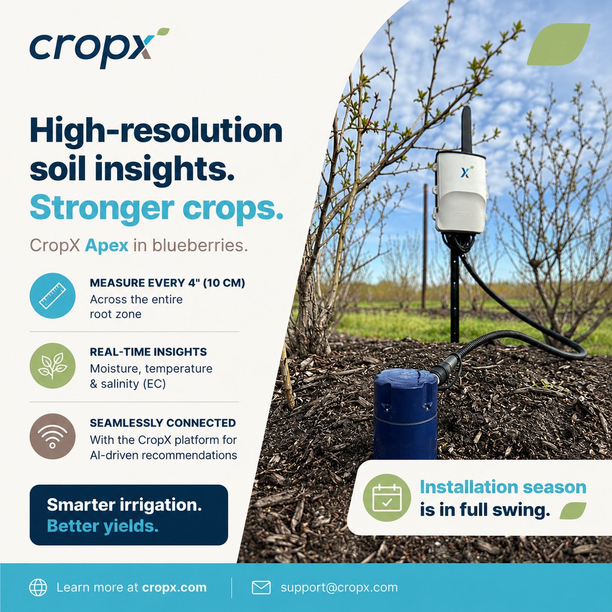 crop_x's tweet photo. Installation season is in full swing. 🌱

From the trusted Vertex to the new Apex sensor, CropX installations are happening everywhere — including these blueberry fields. 🫐

Learn more:
https://t.co/b741JCHZJ7
#CropX #PrecisionAg #SmartFarming #Blueberries https://t.co/y5sJ8D6ESK