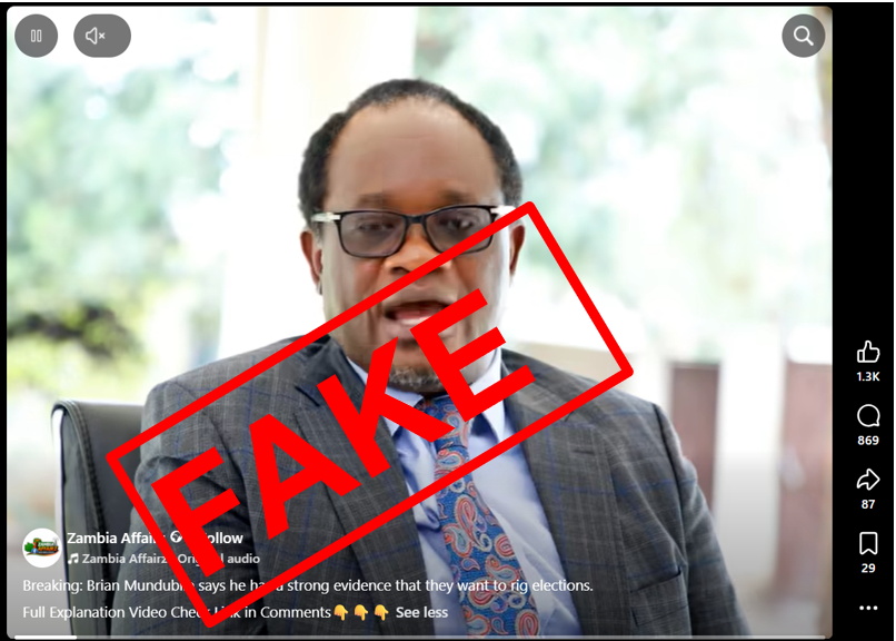 FactCheckZambia's tweet photo. Viral video circulating online allegedly showing Brian Mundubile claiming Zambia’s 2026 general elections will be rigged is #AIGenerated and fake,  displays signs of a #deepfake, including unnatural lip-syncing, static imagery, and robotic audio https://t.co/qXlh92Oq36 #FactCheck https://t.co/2pEpQDBfL7