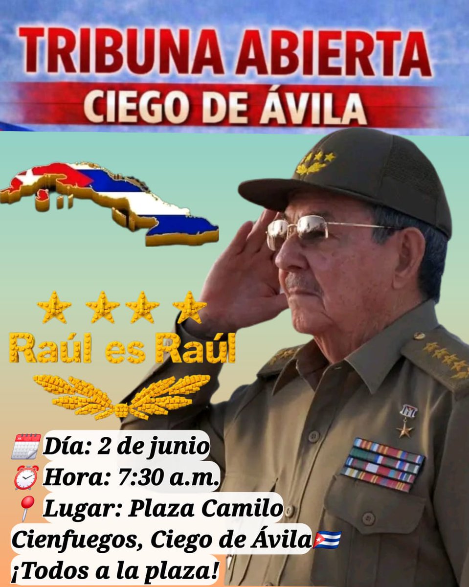 SarduyIsmany's tweet photo. Este día 2 de junio todos a la plaza  Camilo Cienfuegos  #LaPatriaSeDefiende @AlexeyOT73 @yaquelin_banos @Ferrerctc @Colina_CTCuba @JHGcasanova @EloylvarezMart1 https://t.co/wfot7cvU8e