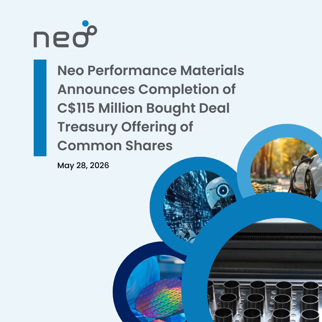 neo_materials's tweet photo. $NEO.TO is excited to share that our bought-deal treasury offering was a success, raising approx. C$115 million! 

Read more: https://t.co/PKUzk7npXX

#NeoPerformanceMaterials #AdvancedMaterials #RareEarths #CapitalMarkets #TSX https://t.co/sRZa3fVSno
