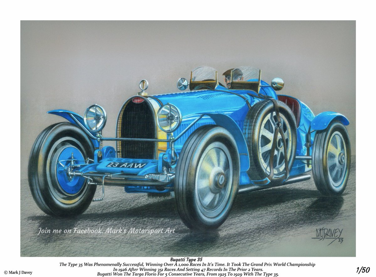 markdavey100's tweet photo. "The GOAT"

LINK IN COMMENTS

This drawing captures the iconic Bugatti Type 35 resplendent in French racing blue. Unarguably the greatest racing car of all time, the Type 35 dominated almost every race it entered, winning over 1000 races between 1924 and 1930 including an unmatched five consecutive Targa Florio victories.

Originally rendered in pencil and pastel by fine artist Mark J Davey, this piece is reproduced using specialst, fine art giclee printing methods.

Limited to 50 numbered examples and is shipped with a Certificate of Authenticity signed by the artist.

Overall size 470mm x 347mm.