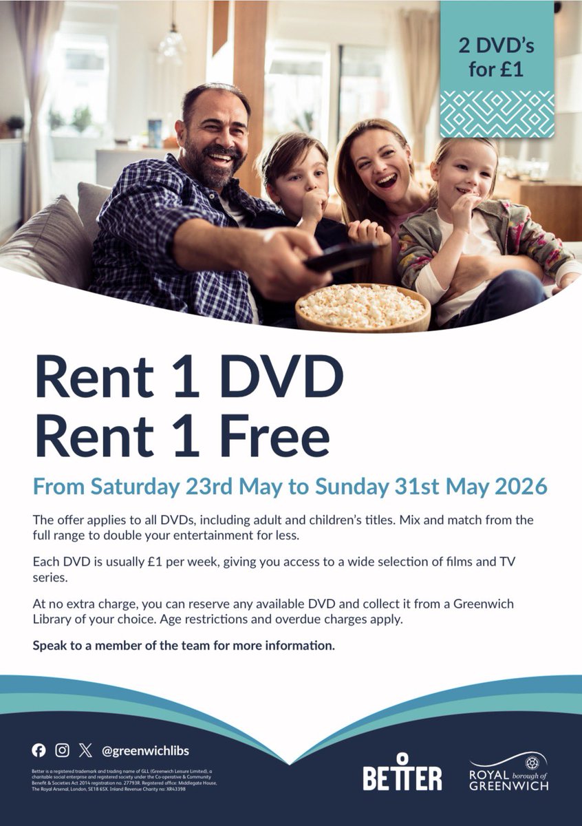 GreenwichLibs's tweet photo. Reserve and hire a DVD via the online catalogue today! Click here: https://t.co/iuLCoHYkf6 all you need is a library card + PIN and you can collect at a library. Hire fee is £1 for a 1 week loan, but this week if you rent one, you can rent a second for FREE! 📚 #LoveYourLibrary https://t.co/qsNAwpXU1x