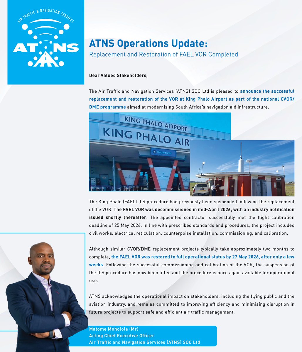 ATNSSA's tweet photo. @ATNSSA is pleased to announce the successful replacement and restoration of the VHF Omnidirectional Range (VOR) at King Phalo Airport as part of the national CVOR/DME programme - aimed at modernising South Africa’s navigation aid infrastructure.

#safeskies https://t.co/hnc6g2gejX