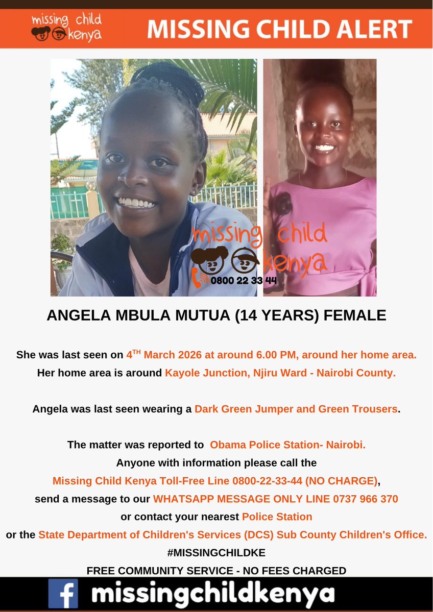 missingchild_ke's tweet photo. ANGELA MBULA MUTUA (14 YEARS) FEMALE #MISSINGCHILDKE https://t.co/o8T2kzeWtL
