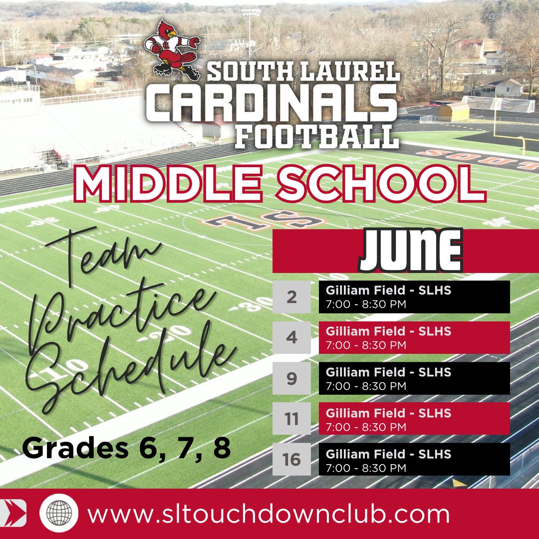 SLTouchdownClub's tweet photo. Middle School Football practice begins June 2!

LET’S GO!

#onwardcards #leavenodoubt https://t.co/KmA3LyMt7v