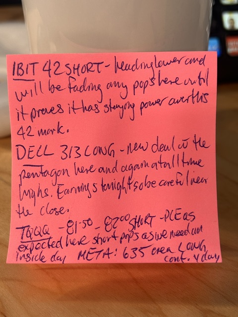 tradertvshawn's tweet photo. 🗓️ May 28, 2026 - My #stickynote 📝

🧠 Market Context: Happy Thursday! We've got PCE data to digest and some huge tech earnings on deck tonight. Stay sharp, respect your levels, and let's catch some good setups! 👀📊

📉 $IBIT 42 SHORT: Heading lower and will be fading any pops here until it proves it has staying power over this 42 mark. 🔴💸

💻 $DELL 313 LONG: New deal w/ the Pentagon here and again at all-time highs. Earnings tonight so be careful near the close. 🚀📈

🐻 $TQQQ 81.50 - 82.00 SHORT: PCE as expected here, short pops as we need an inside day. 📉🛑

🌐 $META 635 area LONG: Looking for continuation from yesterday. 📈🟢

🎥 See you all on the stream! Let's get to work! 💰🚀
@tradertvlive @ttvresearch

#stickynote #DayTrading #StockMarket #StocksToWatch #TradingWatchlist #DayTrader #Equities
