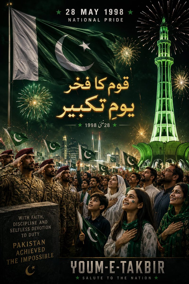 maha_9297's tweet photo. تکبیر کا دن یعنی 28 مئی پاکستانی تاریخ کا سنہری باب ہے۔ اس دن ہماری قوم نے ثابت کر دیا کہ جب عزم اور اتحاد ہو تو کوئی طاقت ہمیں جھکا نہیں سکتی۔ یوم تکبیر ہمیں شہداء اور سائنسدانوں کی بے مثال قربانیوں کا درس دیتا ہے۔
#یوم_تکبیر https://t.co/sVpqNtdmYi