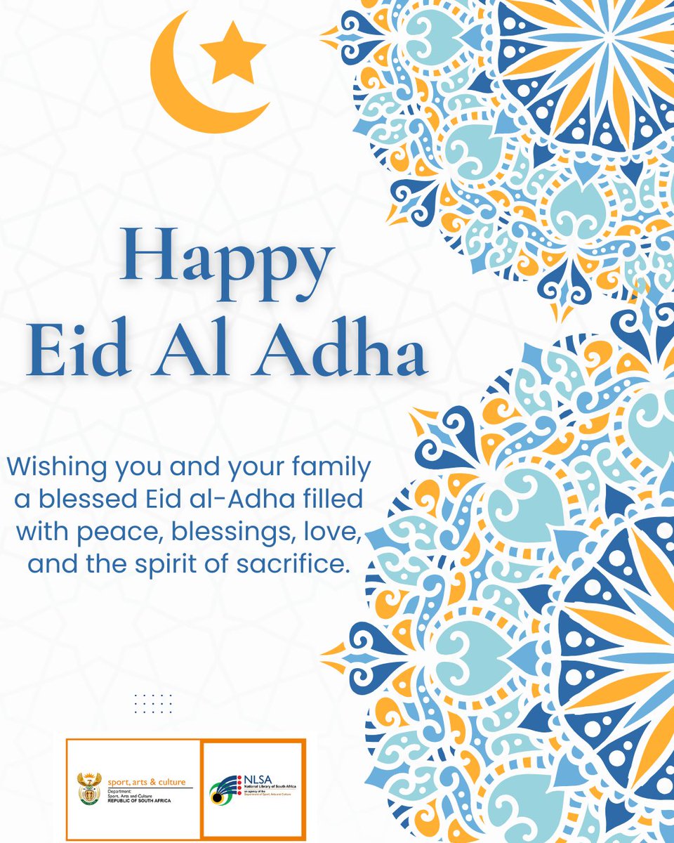 NLSA1's tweet photo. The National Library of South Africa would like to wish all our Muslim colleagues and stakeholders, a blessed Eid Al Adha!

@SportArtsCultur  
#EidAlAdhaMubarak
#nlsa https://t.co/IKLm6Q6JHX