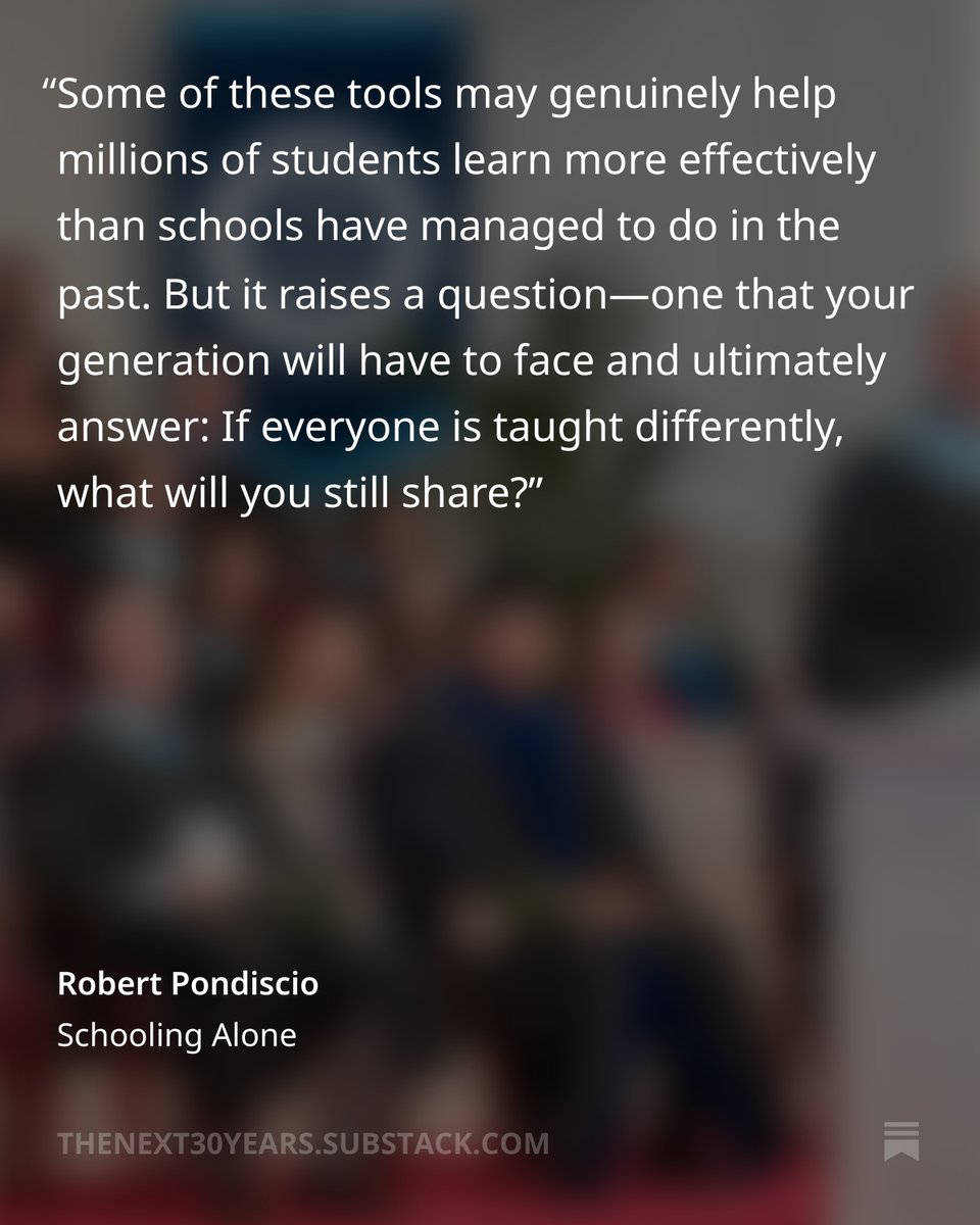 rpondiscio's tweet photo. New from yours truly:  Education has always done two things at once—it gave us a common vocabulary and a common world. The question for the AI age is whether we can preserve either as schooling becomes ever more personalized.

https://t.co/DNOHkCGgST https://t.co/zM6xrJBBFZ