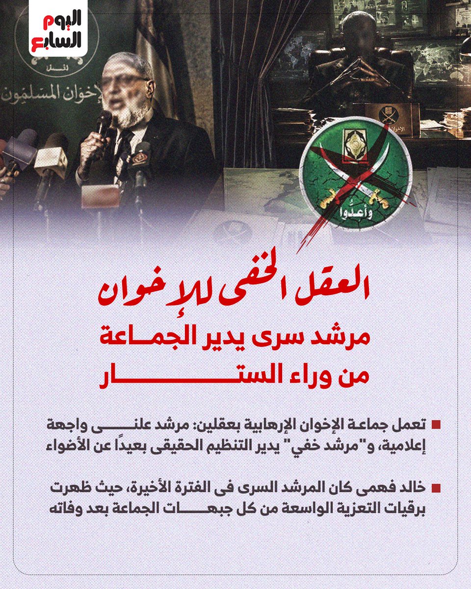 youm7's tweet photo. العقل الخفى للإخوان.. مرشد سرى يدير الجماعة من وراء الستار
 
📌 تعمل جماعة الإخوان الإرهابية بعقلين: مرشد علنى واجهة إعلامية، و"مرشد خفي" يدير التنظيم الحقيقى بعيدًا عن الأضواء

📌 خالد فهمى كان المرشد السرى فى الفترة الأخيرة، حيث ظهرت برقيات التعزية الواسعة من كل جبهات الجماعة بعد وفاته

📌 منير الدلة وأحمد حسن الباقورى كانا من أوائل رجال الظل بعد اغتيال حسن البنا

📌 حسين كمال الدين كان رجل الظل فى عهد الهضيبي، وحلمى عبد المجيد كان المرشد السرى فى عهد التلمساني

📌 مصطفى مشهور تولى القيادة الفعلية سرًا قبل أن يظهر علنيًا

📌 الجماعة تعتمد على "تنظيم موازٍ" يصنع واجهات متعددة لإلهاء الأنظمة بينما يبقى مركز القرار الحقيقى مختبئًا