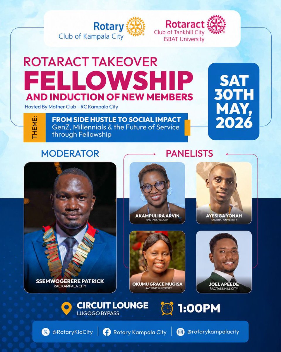 IsbatRotaractCl's tweet photo. A Fellowship with Purpose, Impact &amp; New Beginnings

Join us this Saturday for the Rotaract Takeover Fellowship and Induction of New Members.

The Rotaract Club of @isbatkampala will officially be inducting new members

Saturday, 30th May 2026
Circuit Lounge, Lugogo Bypass https://t.co/Lb9DXZAaC9