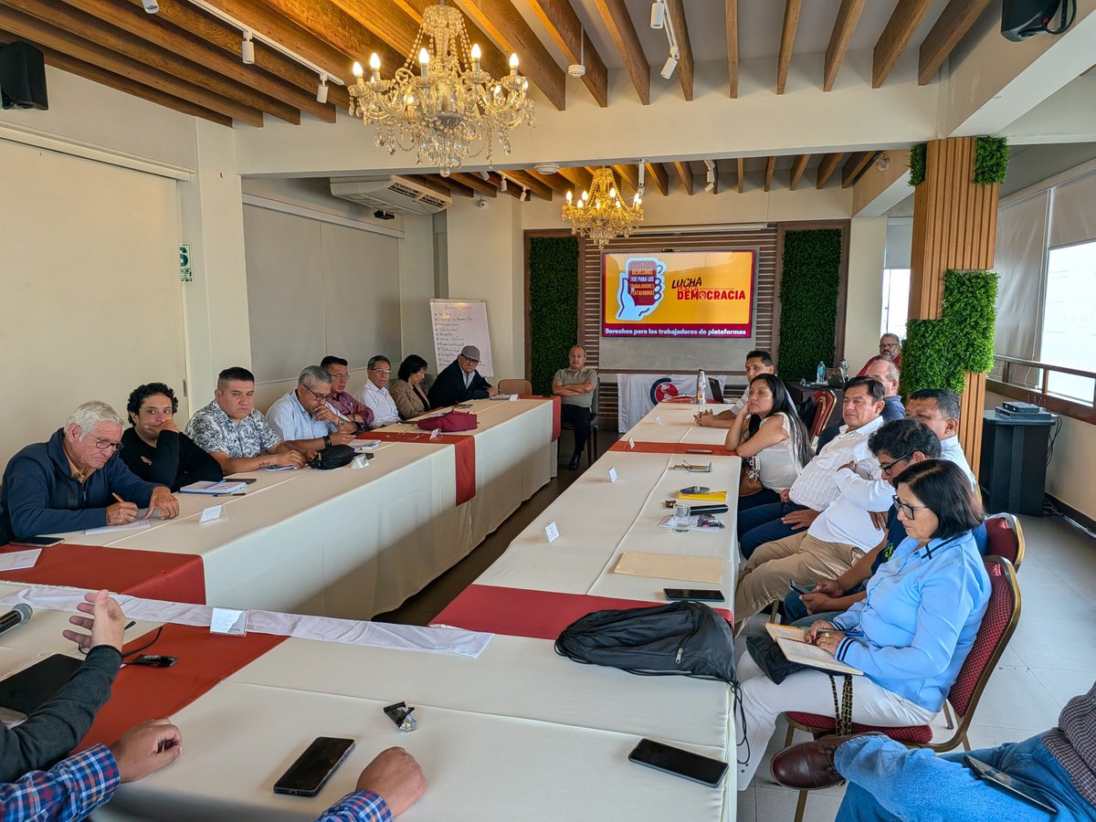 ituc's tweet photo. 🇵🇪✊ From next week’s presidential election runoff to the fight for rights for all #PlatformWorkers, ITUC affiliates @catpperu and @cutperu are mobilising in the #FightForDemocracy! 🗳️🚴📱

This month, ITUC and @CSA_TUCA  joined CATP and CUT on the ground to strengthen organising and solidarity. Together, each confederation is developing action plans to win an ILO Convention and Recommendation on platform work in Geneva, secure ratification at home, and organise workers across every platform and sector in #Peru. 🤝🔥

While the far-right and tech billionaires work together to weaken democracy and workers’ rights, the global trade union movement is uniting to expand democracy and deliver rights for all workers. ✊🌍⚖️