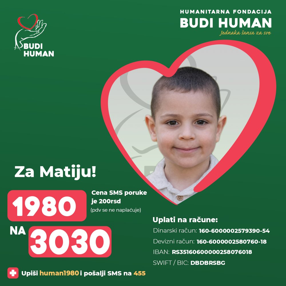 budihuman's tweet photo. Pomozimo Matiji!

Upišimo 1980 i pošaljimo SMS na 3030

https://t.co/L65XtGXvtJ

#budihuman #jednakašansazasve #podeli #matijaživanov https://t.co/1gRKtTD4Sx