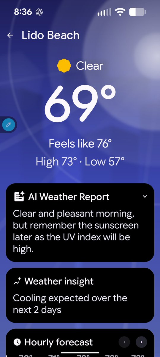 sceeto's tweet photo. Google's AI weather report is now a nag that pushes sunscreen.

"Remember the sunscreen later as the UV index will be high." - Google AI Weather https://t.co/8rldzxUrWm