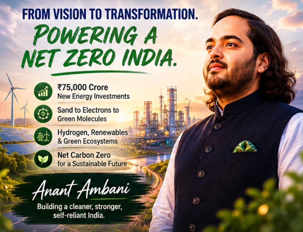 rtitli580's tweet photo. #AnantNetZero26 Anant Ambani envisions a sustainable future with Reliance's ₹75,000 crore renewable investment, guiding India's shift from traditional energy sources to innovative green molecules. https://t.co/7rG0X4dfQn
