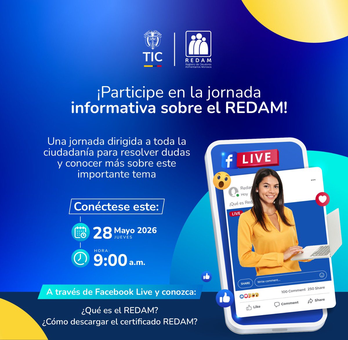 GobDigitalCO's tweet photo. ¿Tienes dudas sobre el REDAM o cómo descargar el certificado? 👀
Conéctate hoy jueves 28 de mayo a las 9:00 a. m. a nuestro Facebook Live y conoce todo sobre este mecanismo.
🔴 https://t.co/8tdQ2iOR88
#REDAM #ConDignidadCumplimos https://t.co/njhDdMKPkZ