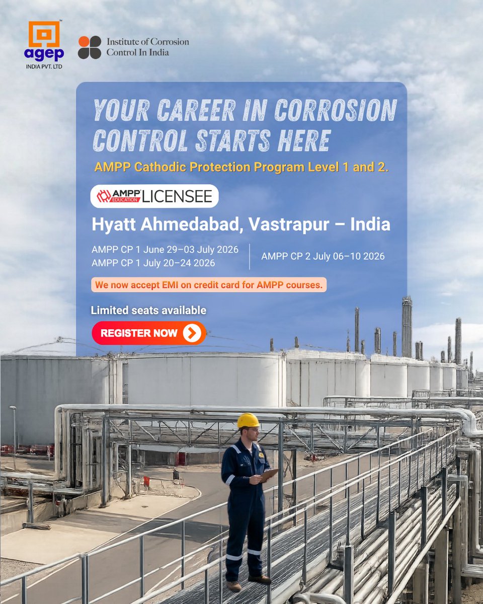 AGEPIndia's tweet photo. Start your career in corrosion control with the right expertise. ⚙️

The AMPP CP Level 1 & 2 program builds practical skills to protect critical infrastructure and grow in the field.

Join us in Ahmedabad and take the next step. 🚀

📍 Hyatt Ahmedabad, Vastrapur – India
📅 Course Schedule:
* AMPP CP Level 1: June 29 – July 03, 2026
* AMPP CP Level 2: July 06 – 10, 2026
* AMPP CP Level 1: July 20 – 24, 2026

💳 EMI options available on credit cards
⚠️ Limited seats available

📞 +91 9119302677
🌐 https://t.co/u4aJFCLO4f
@AmppOrg @trifaleyheramb 
#AGEPIndia #AMPP #CathodicProtection #CPLevel1 #CPLevel2 #CorrosionControl #IndustrialTraining #EngineeringCareers #SkillDevelopment #CareerGrowth #InfrastructureProtection